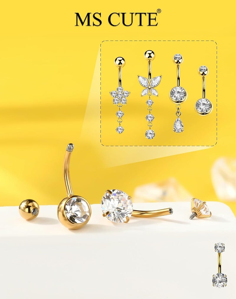 MS CUTE 5PCS Belly Button Rings for Women 14G Dangle Navel Piercing Jewelry Set Surgical Stainless Steel Body Jewelry with CZ Butterfly Flower Teardrop Barbell for Beach Festival Daily - Image 5
